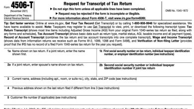 Form 4506-T screenshot from fillable version of the tax transcript request document