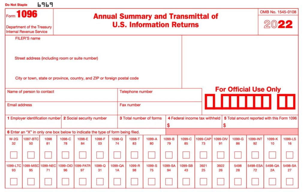 2022 IRS Form 1096 Annual Transmittals – 10-Pack – For Mailing 1099s