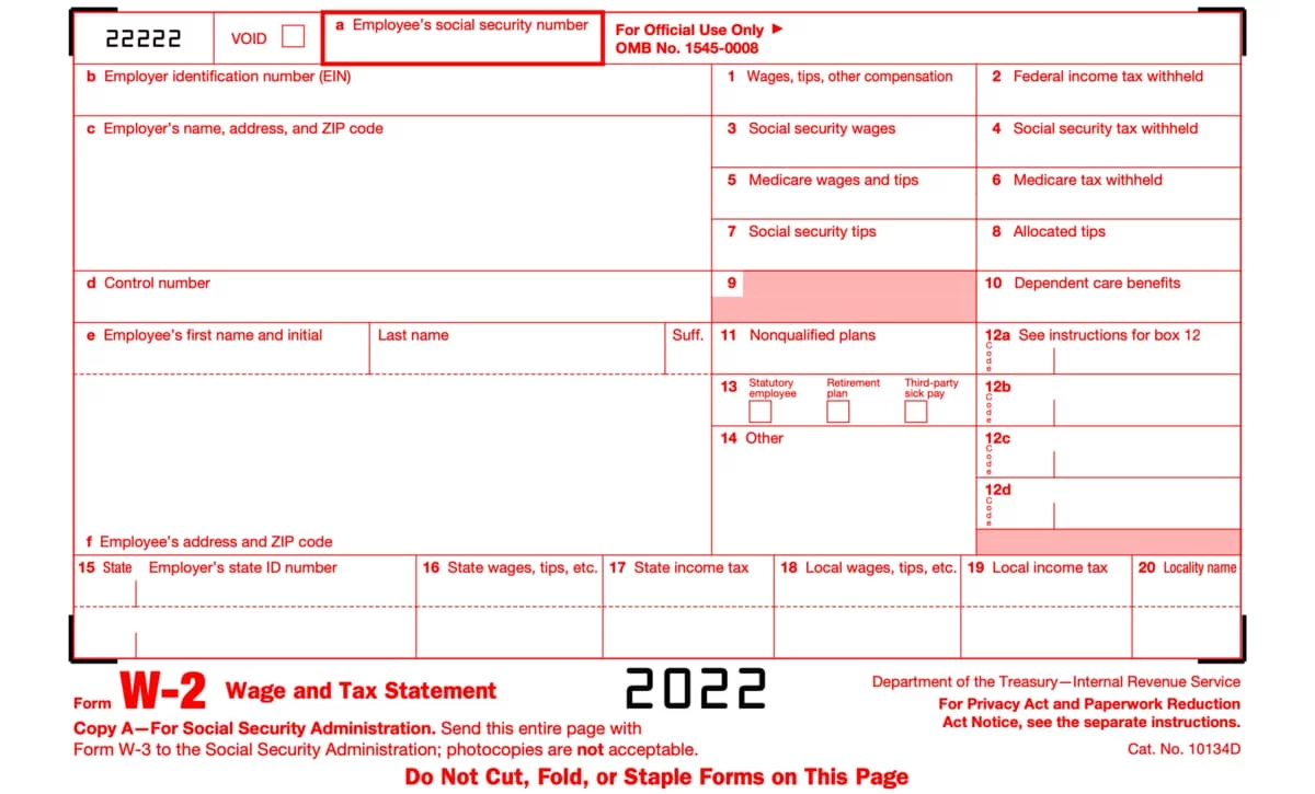 Screenshot of W2 Form Wage and Tax Statement