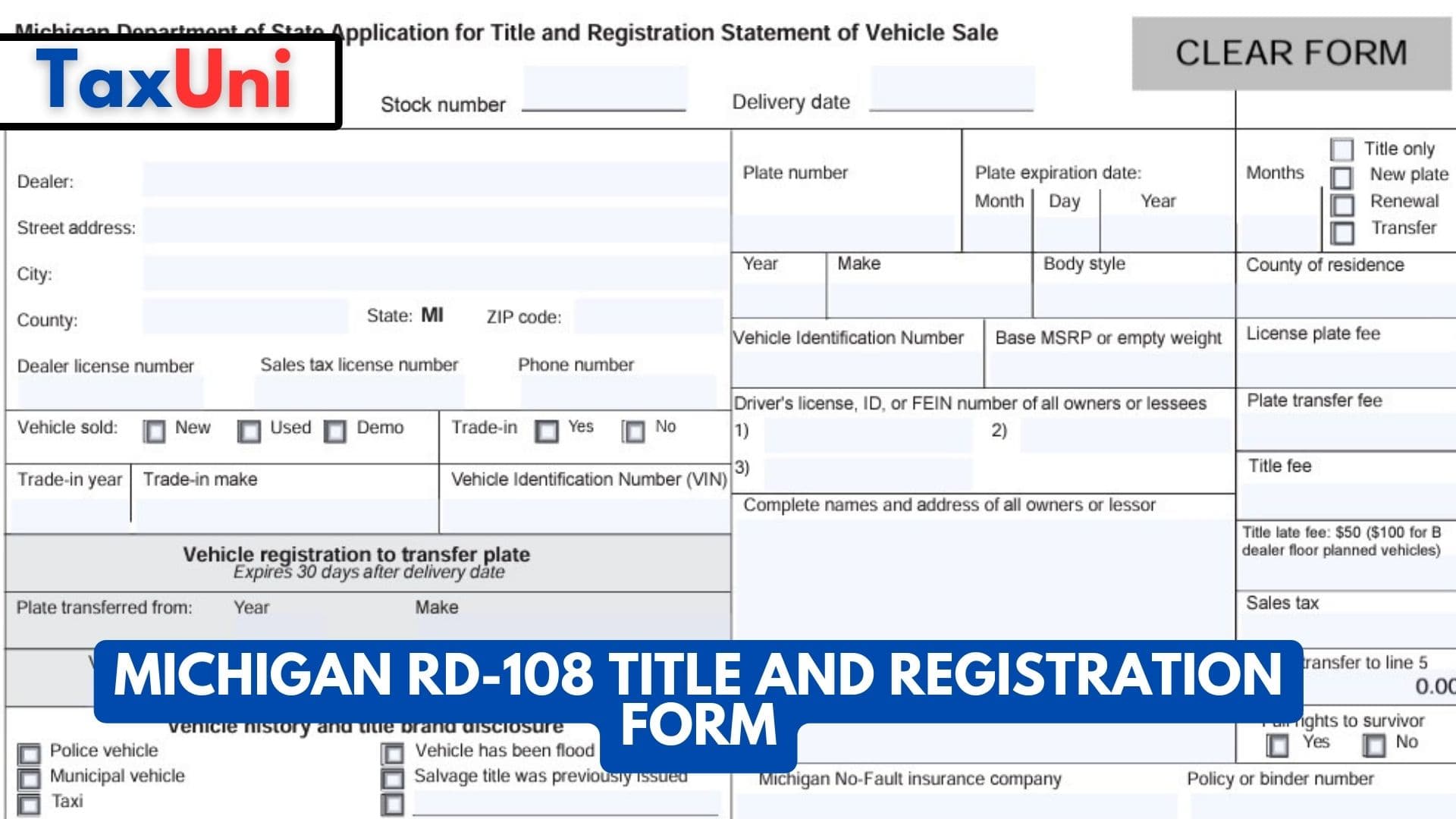 Michigan RD-108 Title and Registration Form