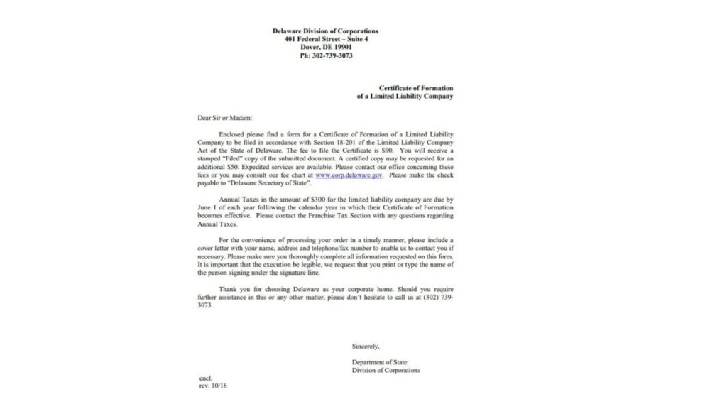 Delaware Certificate of Formation